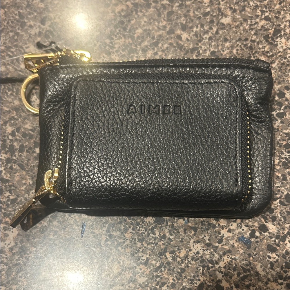 Aime Leon Dore Black Pebbled Leather Zip Wallet with Gold Accents